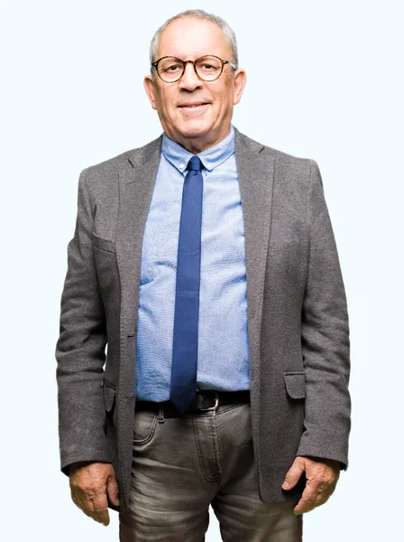 Yakışıklı üst düzey businesss gözlük adam ve yüzünde ciddi bir ifade ile kravat. Basit ve doğal kameraya bakıyor.