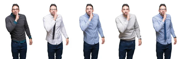 Collage Eines Gutaussehenden Geschäftsmannes Über Weißem Isoliertem Hintergrund Hand Mund — Stockfoto