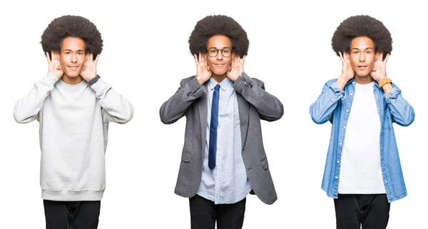 Colagem Jovem Com Cabelo Afro Sobre Fundo Branco Isolado Tentando — Fotografia de Stock