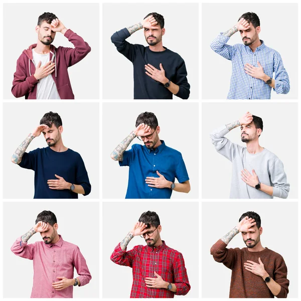 Collage Van Jonge Man Geïsoleerde Achtergrond Touching Voorhoofd Voor Ziekte — Stockfoto