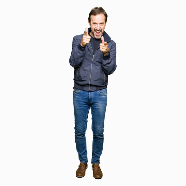 Middle Age Handsome Man Wearing Jacket Pointing Fingers Camera Happy — Stock Photo, Image