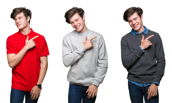Collage Van Jonge Man Witte Geïsoleerde Achtergrond Vrolijk Met Een — Stockfoto