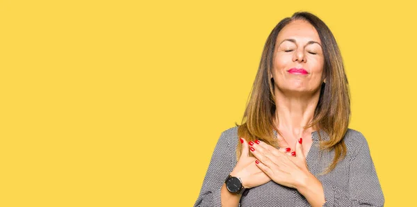 Beautiful Middle Age Business Woman Smiling Hands Chest Closed Eyes — Stock Photo, Image