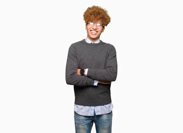 Unga Stiliga Affärsman Med Afrohår Som Bär Glasögon Glada Ansikte — Stockfoto