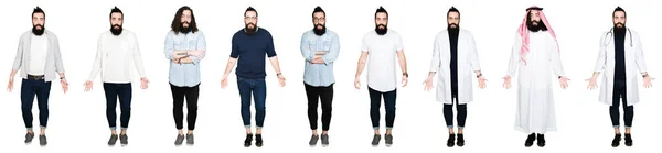 Collage Young Man Beard Long Hair White Isolated Background Afraid — Stock Photo, Image