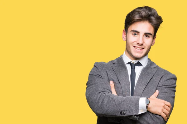 Ein Junger Geschäftsmann Anzug Und Krawatte Vor Isoliertem Hintergrund Lächelt — Stockfoto