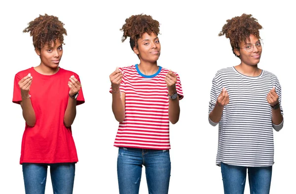 Izole arka plan üzerinde genç güzel Afrikalı kız Kolaj el ile para jest ilerler, maaş ödeme, milyoner iş isteyen