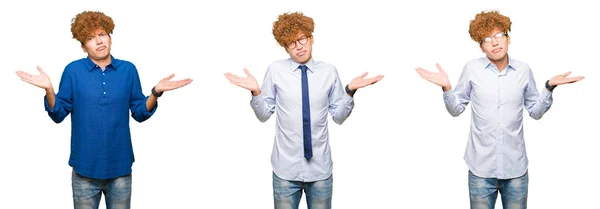 Collage Young Bussines Man Curly Hair Wearing Glasses Isolated White — Stock Photo, Image