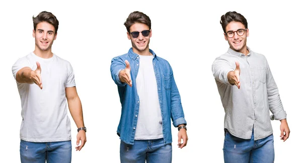 Collage Young Handsome Man Isolated Background Smiling Friendly Offering Handshake — Stock Photo, Image