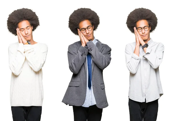 Collage Joven Con Pelo Afro Sobre Fondo Blanco Aislado Durmiendo — Foto de Stock