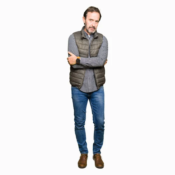 Middle Age Handsome Man Wearing Winter Vest Skeptic Nervous Disapproving — Stock Photo, Image