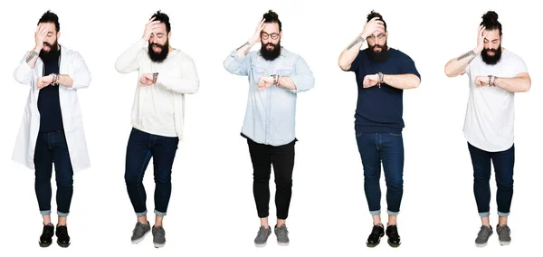 Collage Hombre Joven Con Barba Pelo Largo Sobre Fondo Blanco — Foto de Stock