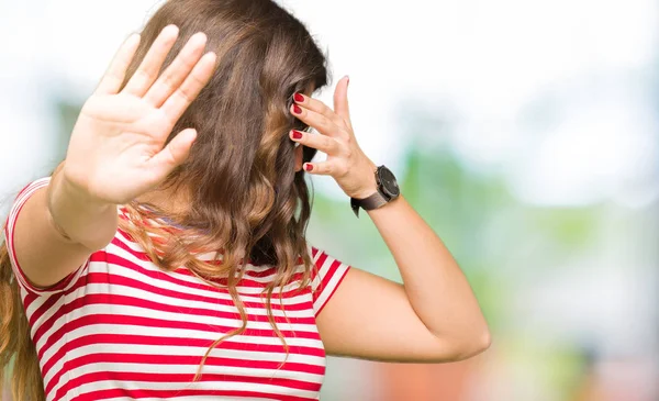 Young Beautiful Woman Wearing Glasses Covering Eyes Hands Doing Stop — Stock Photo, Image