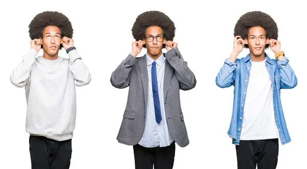 Collage Eines Jungen Mannes Mit Afro Haaren Vor Weißem Isoliertem — Stockfoto