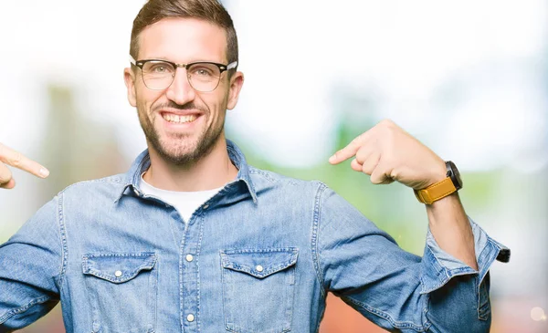 Handsome Man Wearing Glasses Looking Confident Smile Face Pointing Oneself — Stock Photo, Image