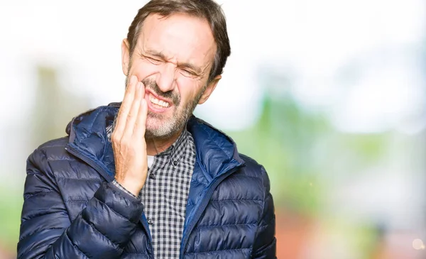 Middle Age Handsome Man Wearing Winter Coat Touching Mouth Hand — Stock Photo, Image
