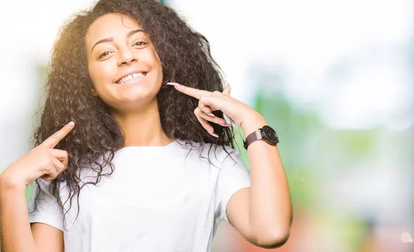 Young Beautiful Girl Curly Hair Wearing Casual White Shirt Smiling — Stock Photo, Image