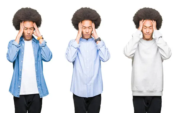 拼贴的年轻人与非洲头发在白色被隔绝的背景与手在头为痛苦在头由于重音 患有偏头痛 — 图库照片