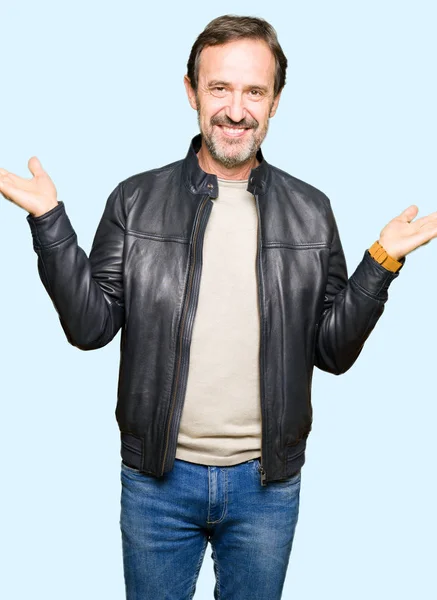 Middle Age Handsome Man Wearing Black Leather Jacket Smiling Showing — Stock Photo, Image