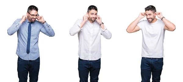 Colagem Homem Negócios Bonito Sobre Fundo Isolado Branco Cobrindo Orelhas — Fotografia de Stock