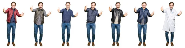 Collage Hombre Guapo Mediana Edad Con Diferentes Miradas Sobre Fondo — Foto de Stock