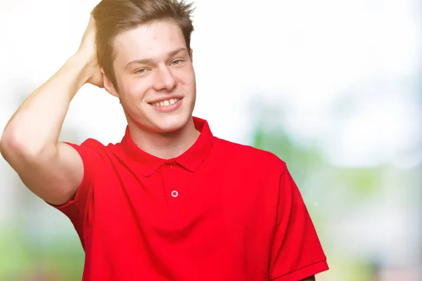 Giovane Bell Uomo Che Indossa Shirt Rossa Sfondo Isolato Sorridente — Foto Stock