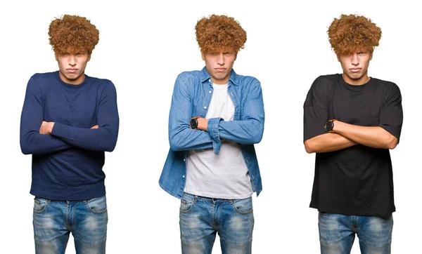 Collage Van Jonge Mannen Met Krullend Haar Geïsoleerde Witte Achtergrond — Stockfoto