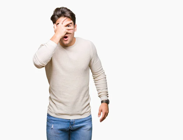 Young Handsome Man Isolated Background Peeking Shock Covering Face Eyes — Stock Photo, Image