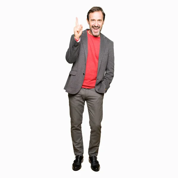 Middle Age Handsome Business Man Pointing Finger Successful Idea Exited — Stock Photo, Image