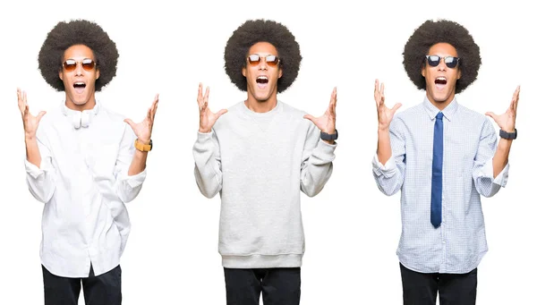 Collage Giovane Uomo Con Capelli Afro Sfondo Bianco Isolato Pazzo — Foto Stock