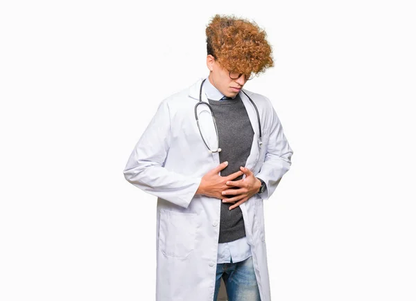 Mladý Pohledný Doktor Muž Sobě Lékařský Kabát Rukou Žaludek Protože — Stock fotografie