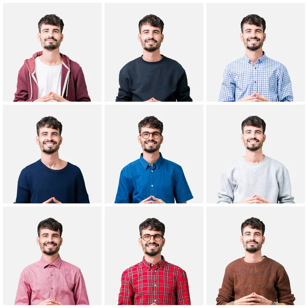 Colagem Jovem Sobre Fundo Isolado Mãos Juntas Dedos Cruzados Sorrindo — Fotografia de Stock