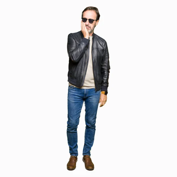 Middle Age Handsome Man Wearing Sunglasses Black Leather Jacket Thinking — Stock Photo, Image