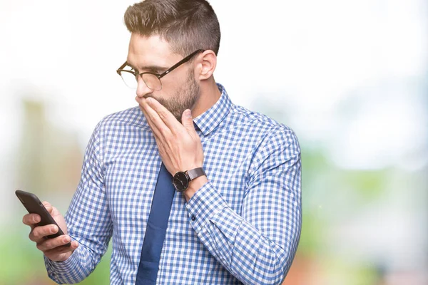 Young Business Man Using Smartphone Isolated Background Cover Mouth Hand — Stock Photo, Image