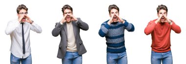 Izole arka plan üzerinde genç yakışıklı iş adamı Kolaj ağız üzerinde elleri ile yüksek sesle öfkeli bağırarak