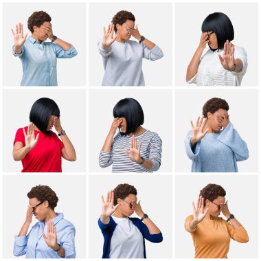 Üzerinde afro saçlı genç Afro-Amerikan kadın izole elleriyle gözlerini kapsayan arka plan ve stop jest ile acı ve korku ifadesi. Utandım ve negatif kavramı.