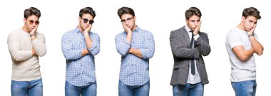 Genç yakışıklı iş adamı izole arka plan seyir yorgun ve çapraz kolları olan depresyon sorunları ile sıkılmış düşünme üzerine kolaj.