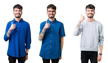 Kolaj bir hareketi el ile mutlu yaşasın yapıyor izole arka plan üzerinde genç adam. Başarı gösteren kameraya bakarak ifade onaylama.