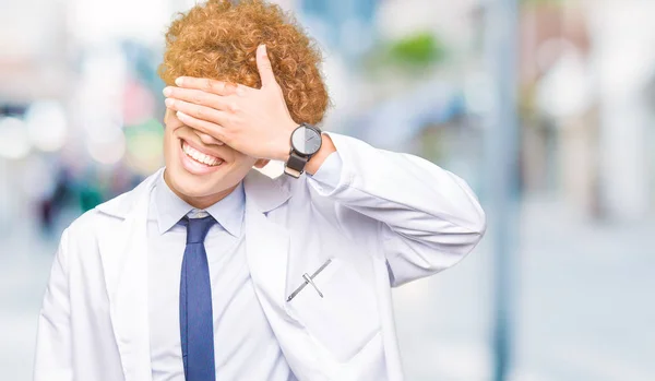 Young Handsome Scientist Man Wearing Glasses Smiling Laughing Hand Face — Stock Photo, Image