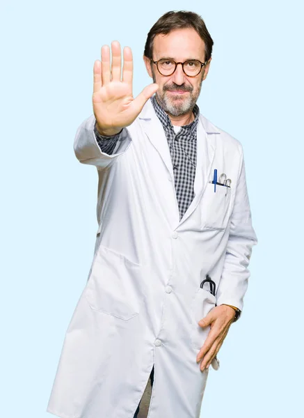 Middle Age Doctor Men Wearing Medical Coat Doing Stop Sing — Stock Photo, Image