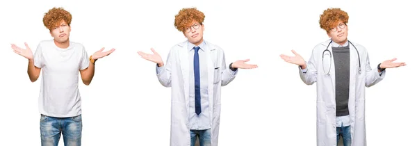 Collage Unga Doctor Man Bär Medical Coat Över Isolerad Vit — Stockfoto