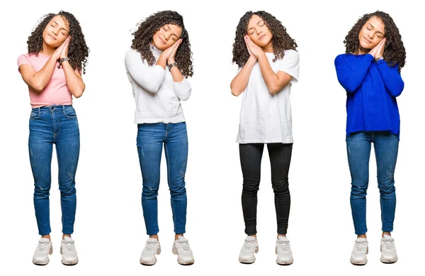 Collage Van Mooie Jonge Vrouw Met Krullend Haar Witte Geïsoleerde — Stockfoto