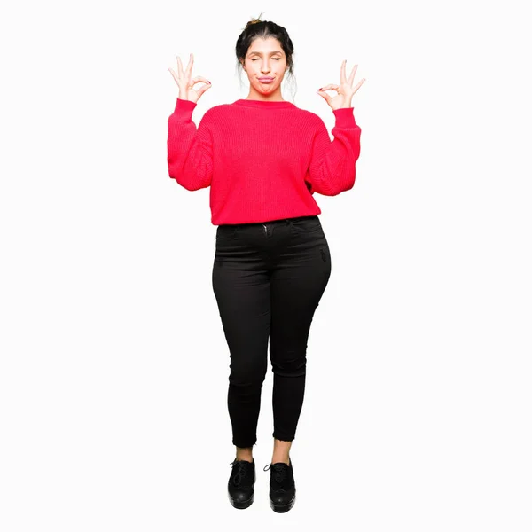 Young Beautiful Woman Wearing Red Sweater Bun Relax Smiling Eyes — Stock Photo, Image
