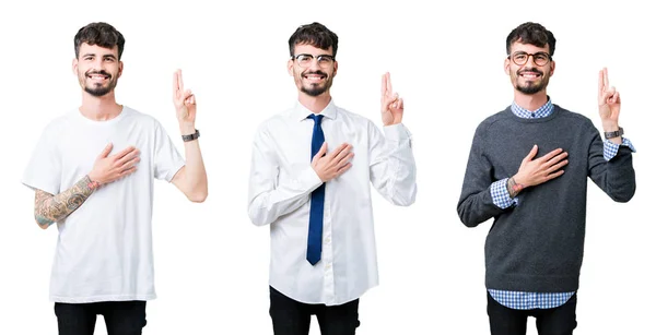 Collage Joven Sobre Fondo Aislado Jurando Con Mano Pecho Los — Foto de Stock