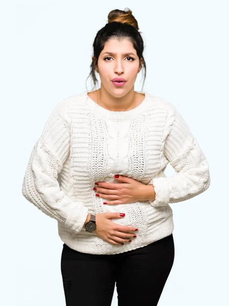 Young Beautiful Woman Wearing Winter Sweater Hand Stomach Because Nausea — Stock Photo, Image