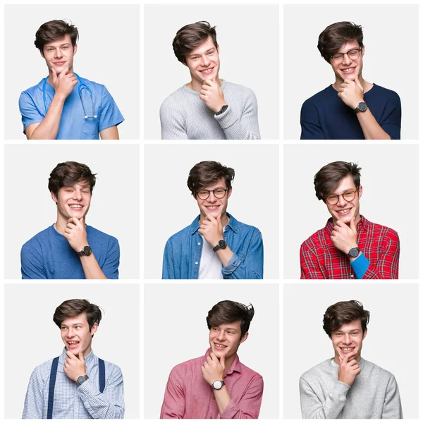 Collage Young Man White Isolated Background Looking Confident Camera Smile — Stock Photo, Image
