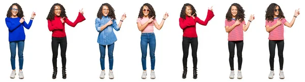 Koláž Krásné Mladé Ženy Kudrnatými Vlasy Bílé Izolované Pozadí Úsměvem — Stock fotografie