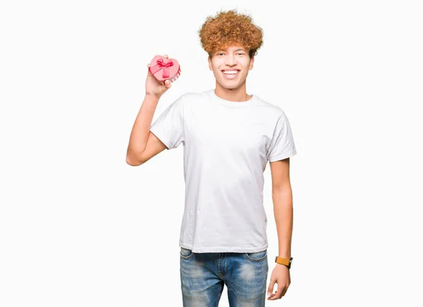 Young Handsome Man Holding Heart Box Gift Valentine Day Happy — Stock Photo, Image