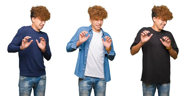 Colagem Homens Jovens Com Cabelos Encaracolados Sobre Fundo Branco Isolado — Fotografia de Stock