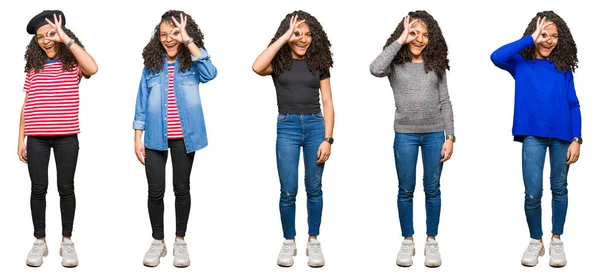 Koláž Krásné Mladé Ženy Kudrnatými Vlasy Bílém Izolovaném Pozadí Dělá — Stock fotografie